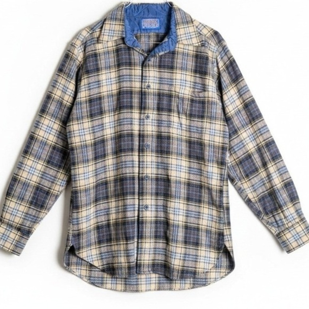 Pendleton Plaid Flannel Shirt M VTG 70s  100% Virgin Wool Washable‎ Blue Tan Usa